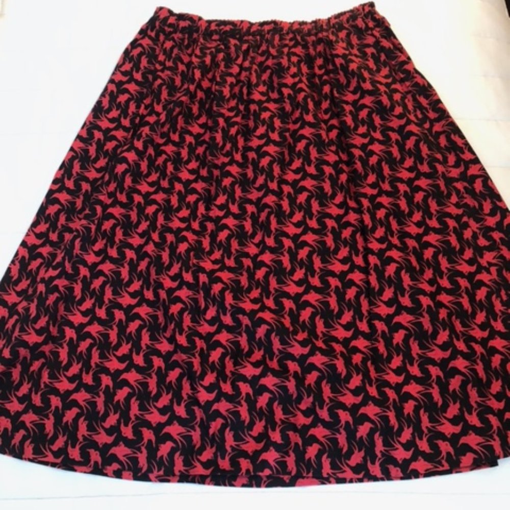 Black and Red Bird Patterned Long Skirt